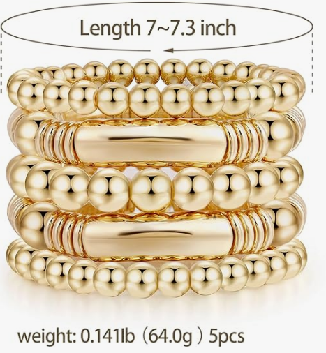Gold Chunky Bead Ball Bangles – Plated Stretch Bracelets - Image 2