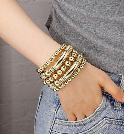 Gold Chunky Bead Ball Bangles – Plated Stretch Bracelets - Image 3