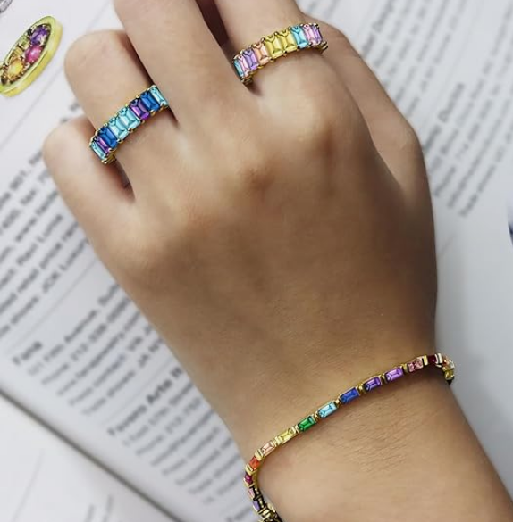 14K Gold Plated Sterling Silver Rainbow Baguette Sapphire Tennis Bracelet - Image 3