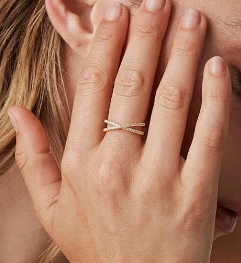 14K Gold Plated X Ring – Simulated Diamond CZ Criss Cross Ring - Image 2